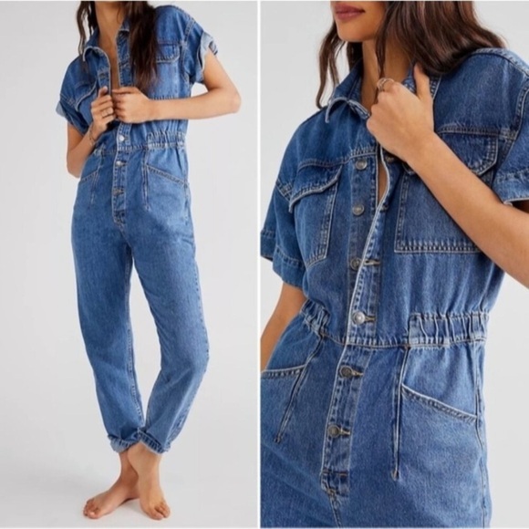 Free People Marci Jumpsuit Denim Overalls High Noon Blue We The Free size small - Picture 14 of 15